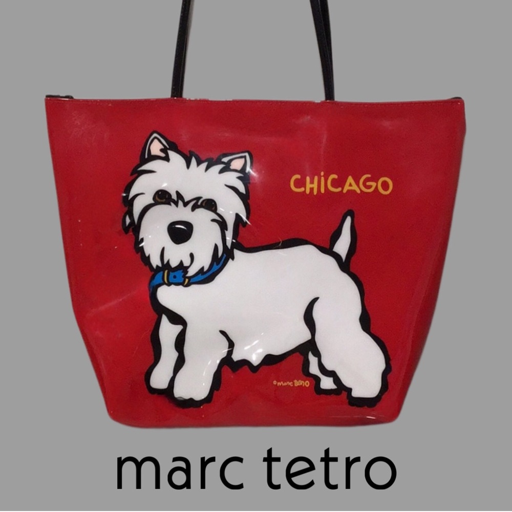 MARC TETRO Chicago Westin Terrier Zippered Vinyl Tote /Shoulder Bag, Red